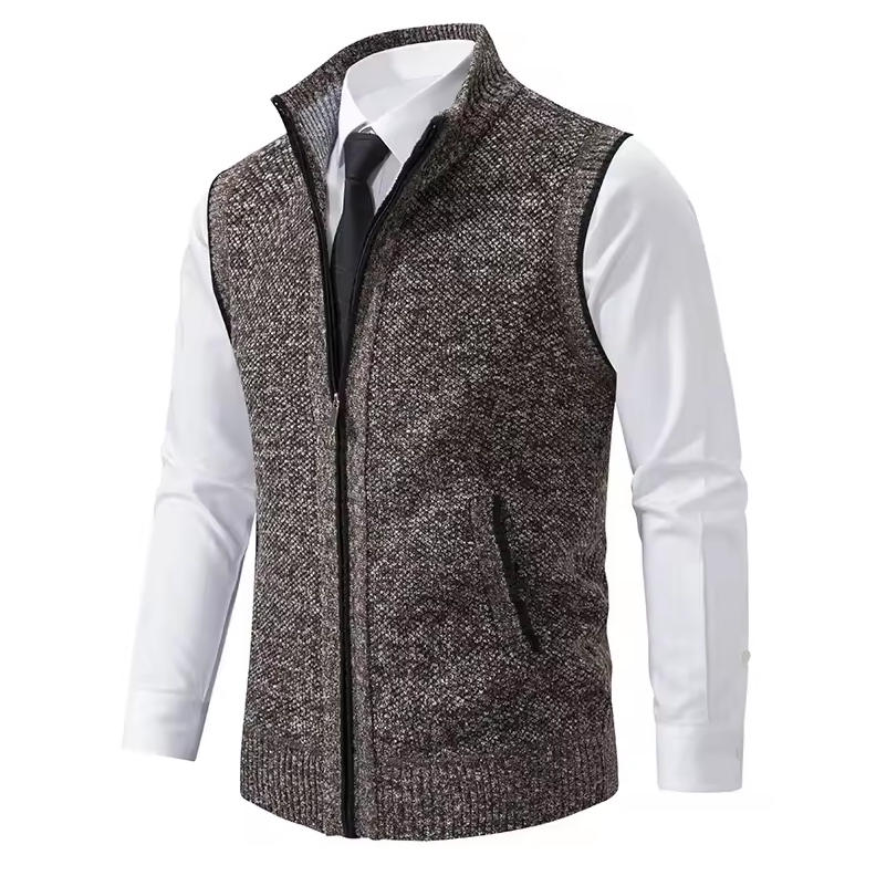 Zip-up vest with stand-up collar and textured design