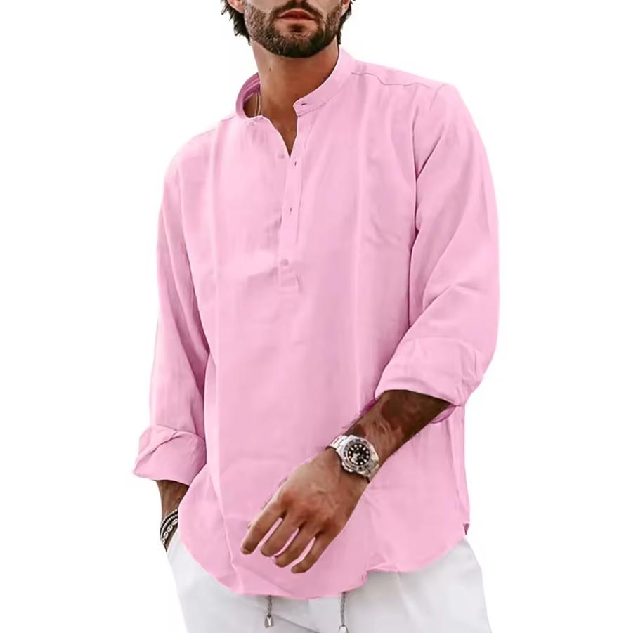 Long-sleeved shirt with band collar and partial button placket