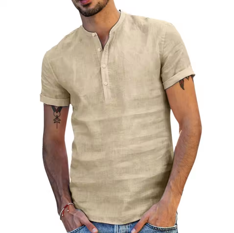 Men’s short-sleeve shirt with notch neckline and partial button placket