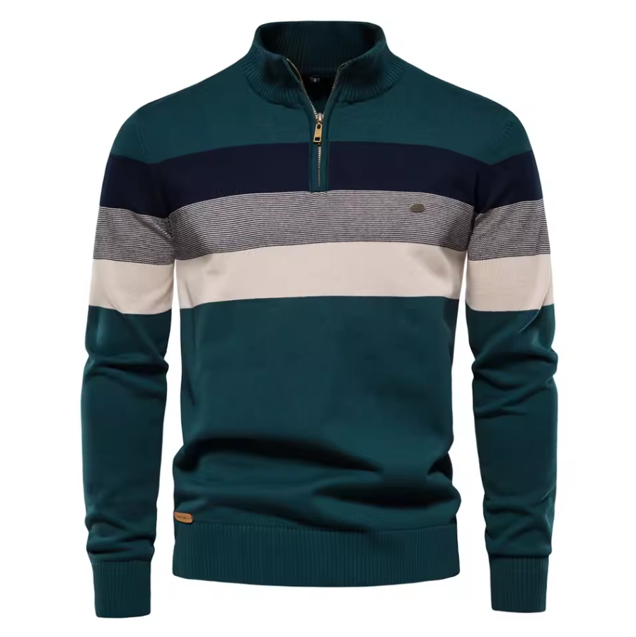 Knitted sweater with stand-up collar and stripe pattern