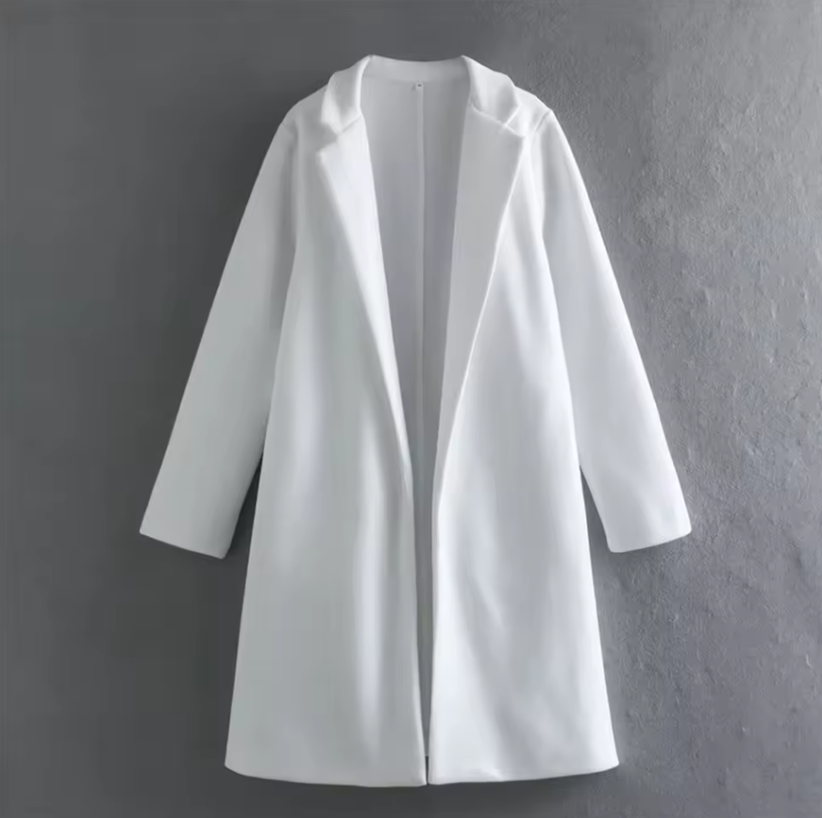 Long open-front coat with lapel collar