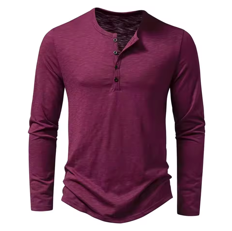 Long-sleeved shirt with round neckline and button placket
