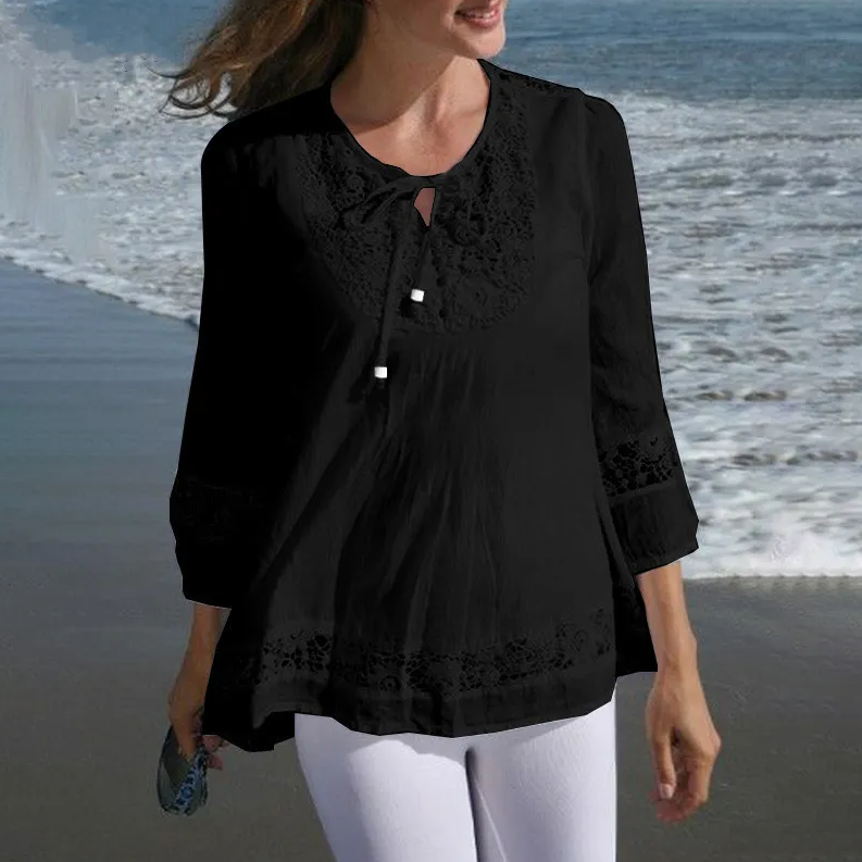 Women’s lace-trimmed button-up tunic blouse with 3/4 sleeves