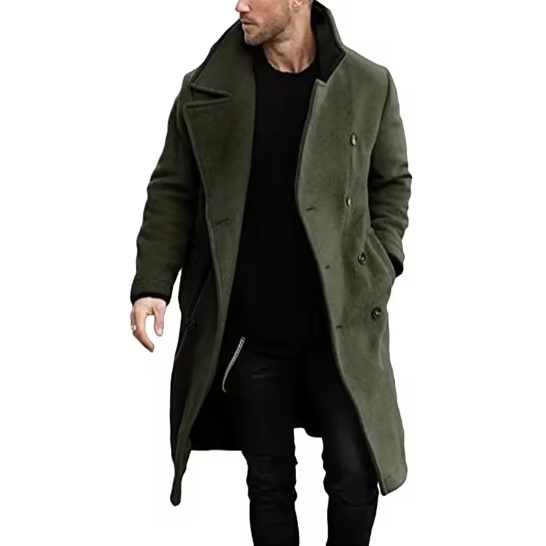 Long double-breasted coat with lapel collar
