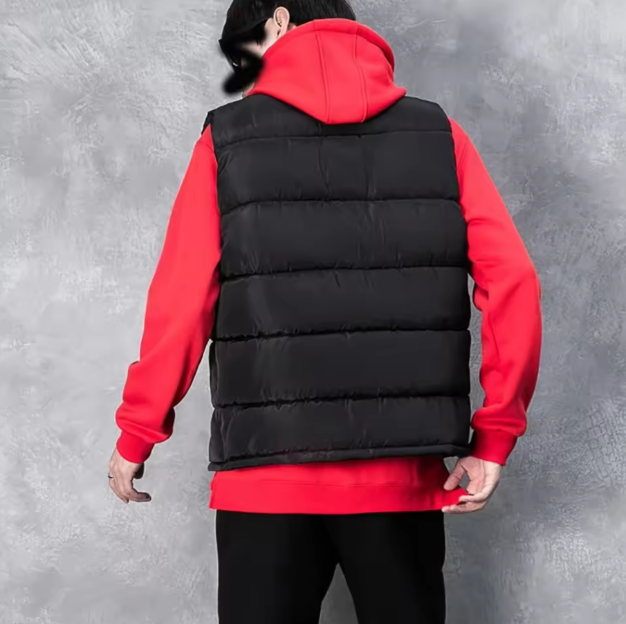 Padded quilted vest with zip-up front and stand-up collar