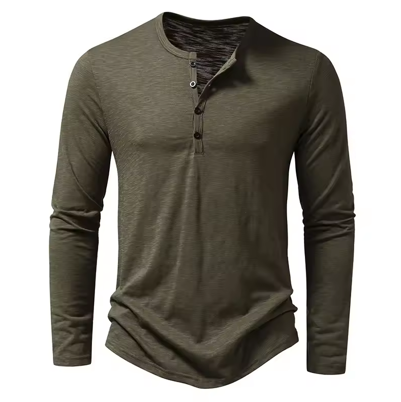 Long-sleeved shirt with round neckline and button placket