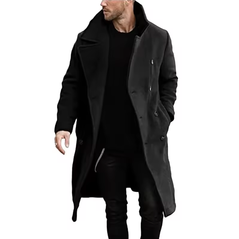 Long double-breasted coat with lapel collar