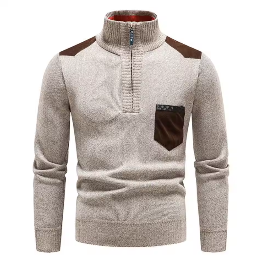 Knitted sweater with stand-up collar and chest pocket