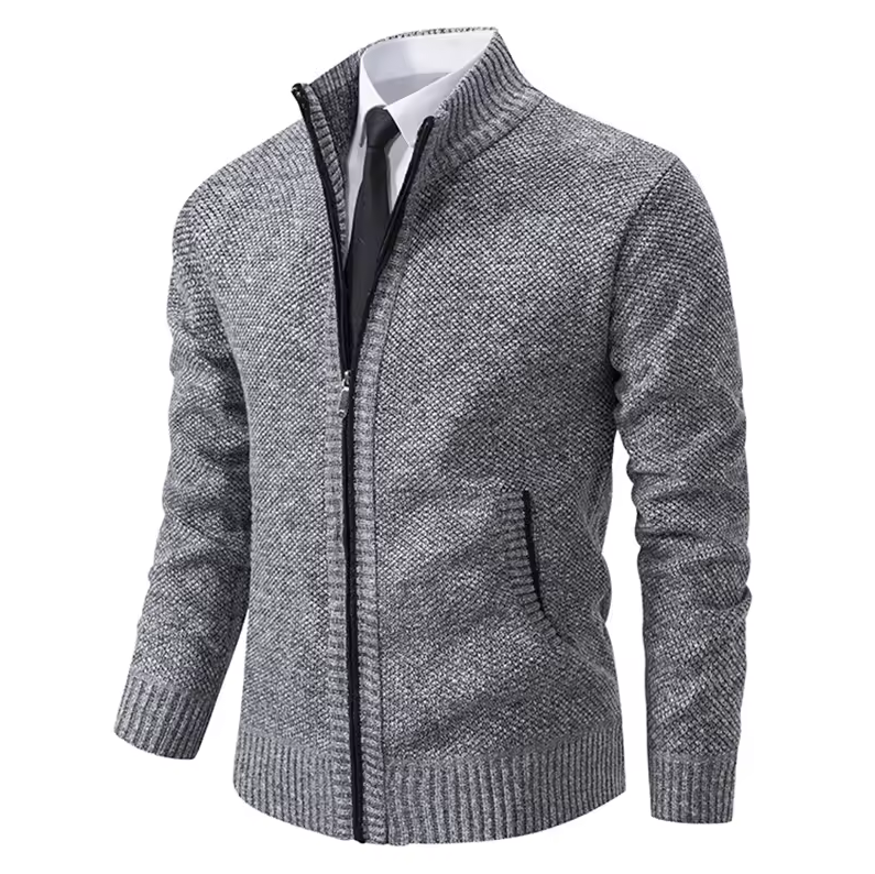 Textured zip-up jacket with stand-up collar
