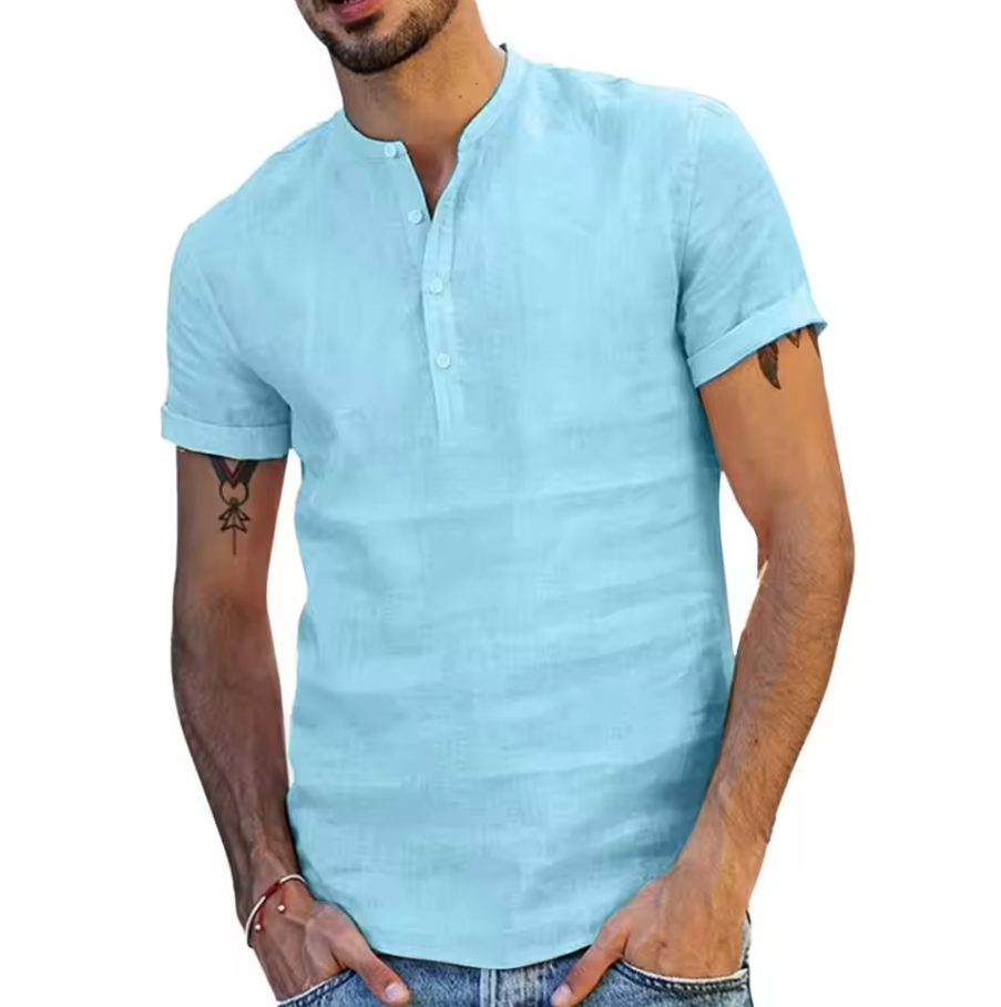 Men’s short-sleeve shirt with notch neckline and partial button placket