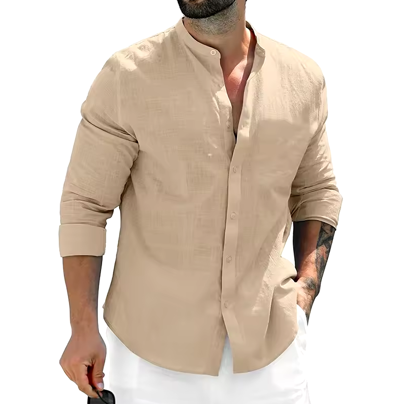 Long-sleeved button-down shirt with band collar
