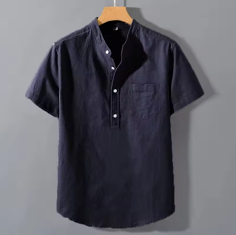 Short-sleeved shirt with band collar and chest pocket