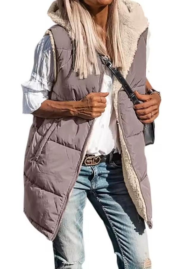 Long quilted vest with hood and button closure