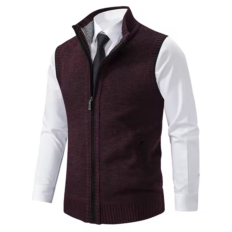 Zip-up vest with stand-up collar and textured design