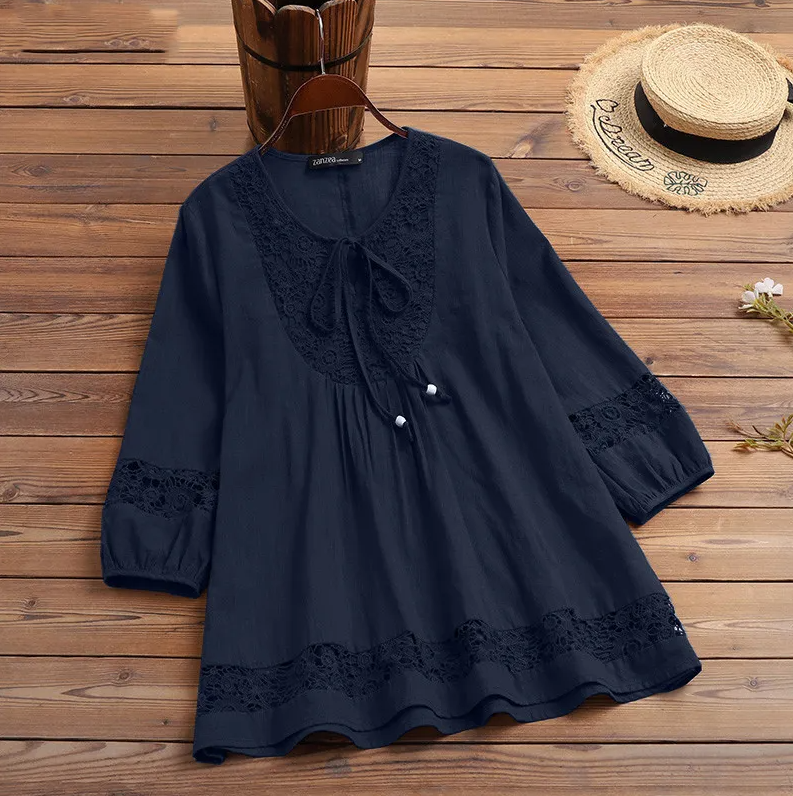 Women’s lace-trimmed button-up tunic blouse with 3/4 sleeves