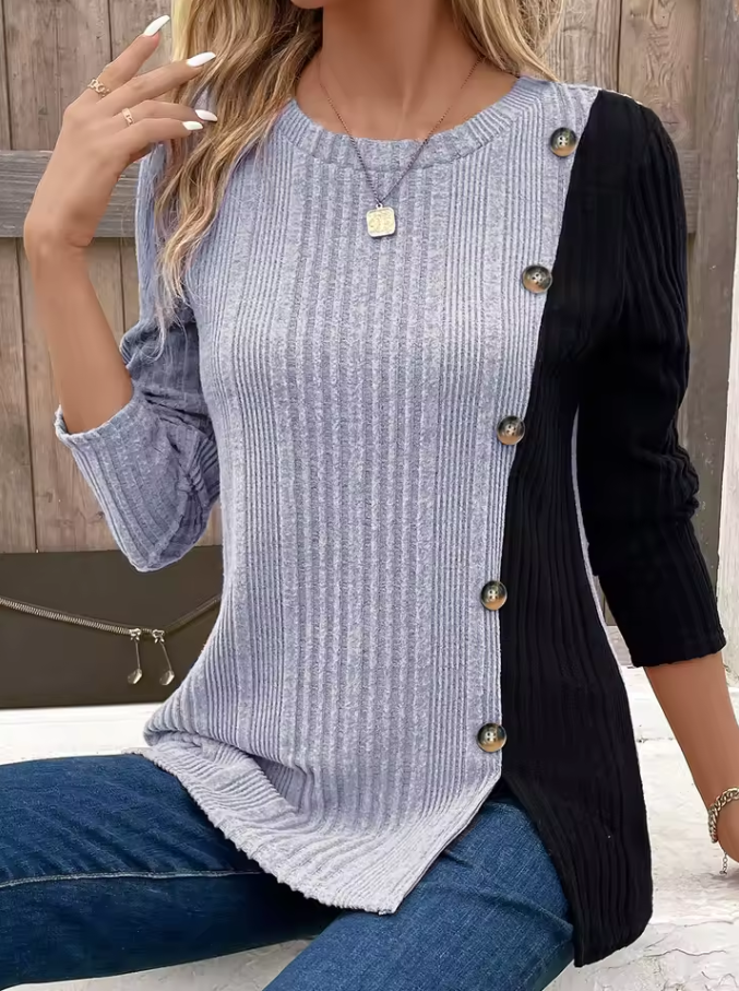 Color-block ribbed top with button detail and round neckline