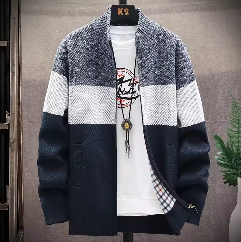 Knitted zip-up cardigan with color block design