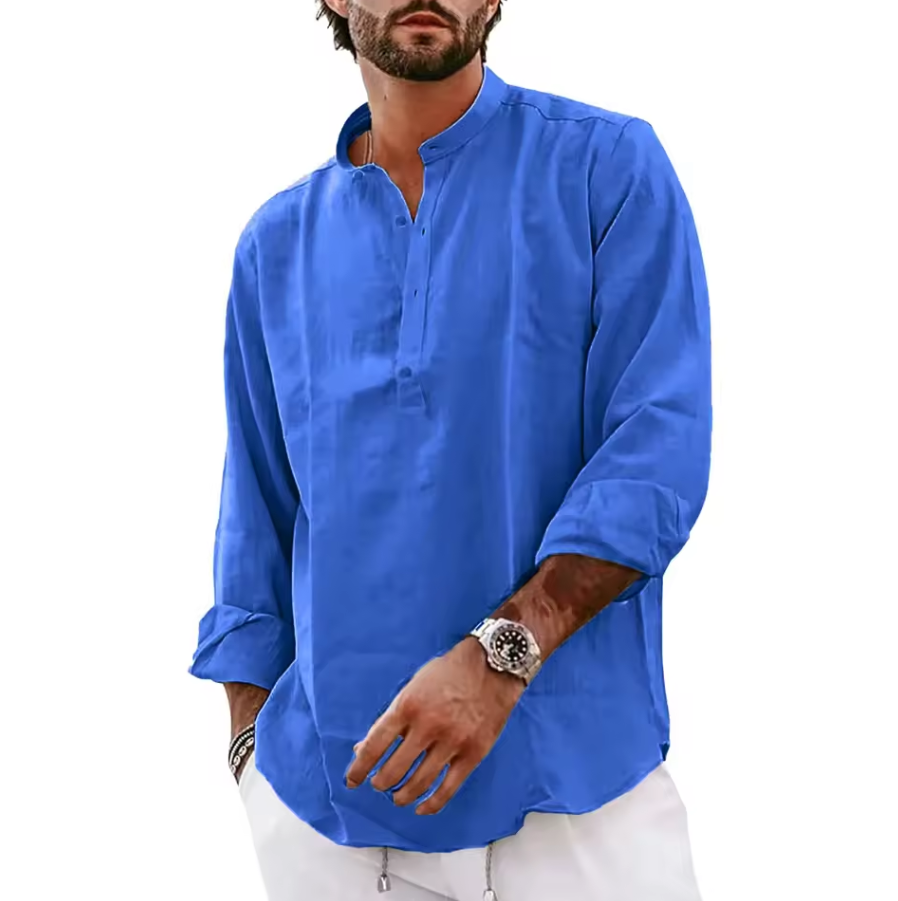 Long-sleeved shirt with band collar and partial button placket