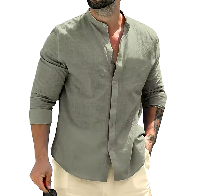 Long-sleeved button-down shirt with band collar