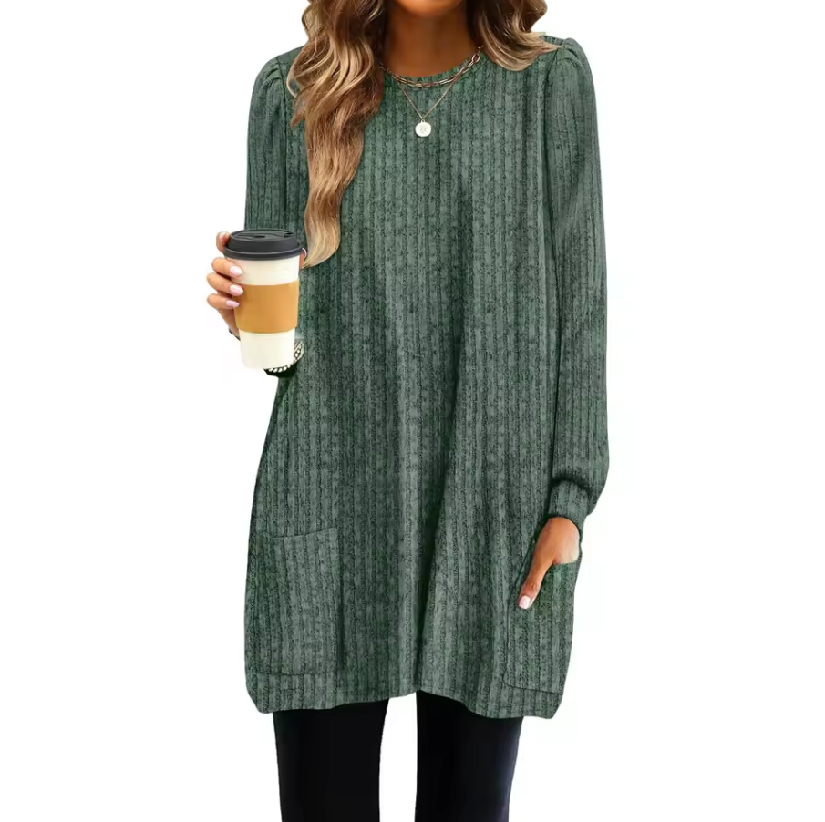 Long knitted sweater with ribbed texture and front pocket