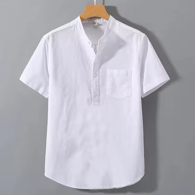 Short-sleeved shirt with band collar and chest pocket