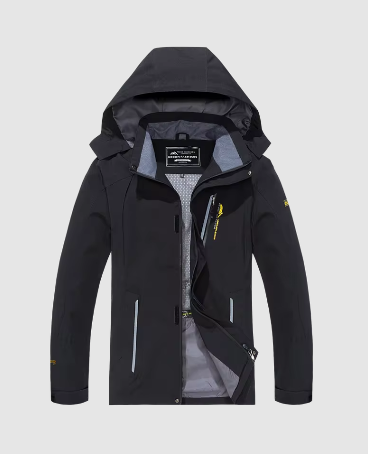 Hooded jacket with zip-up front and multiple pockets