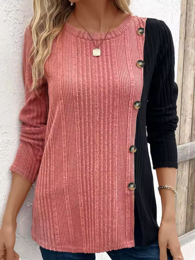 Color-block ribbed top with button detail and round neckline