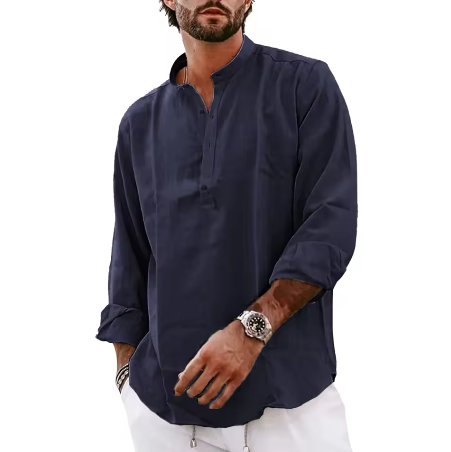 Long-sleeved shirt with band collar and partial button placket