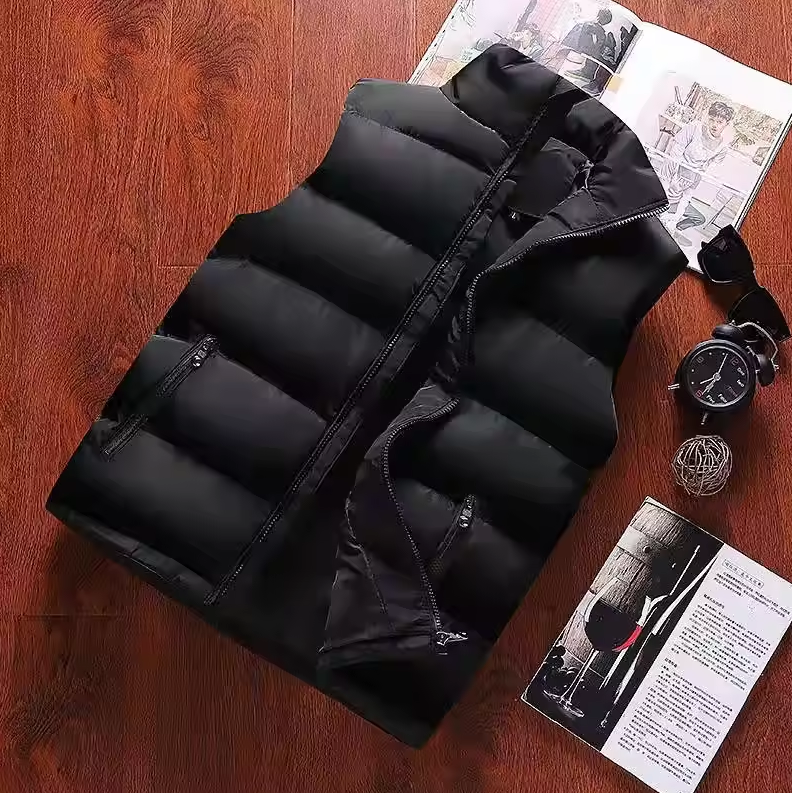 Padded quilted vest with zip-up front and stand-up collar