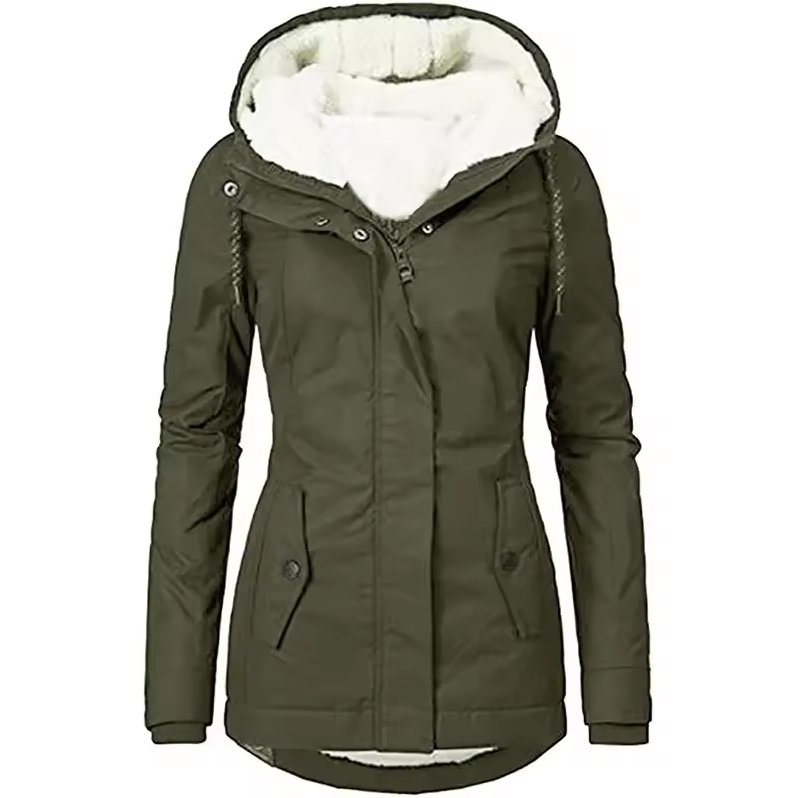 Fitted jacket with faux fur lining and detachable hood