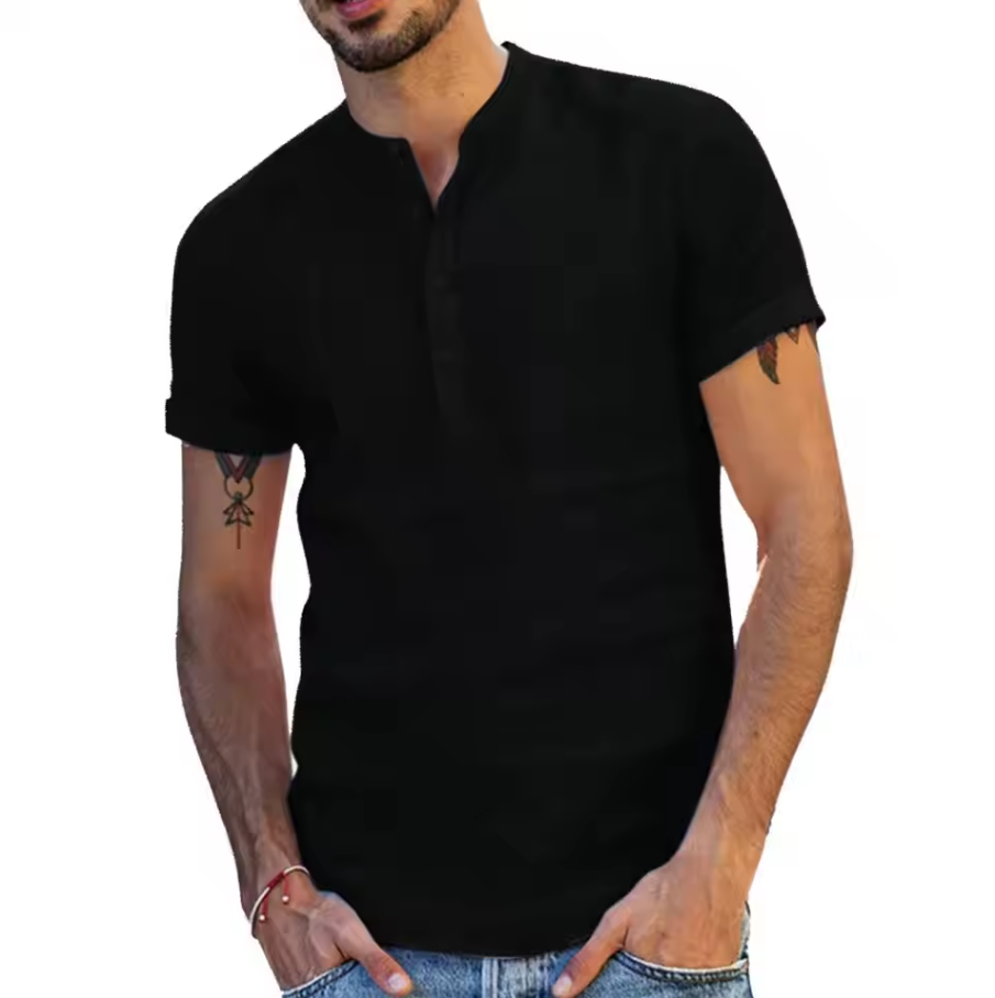 Men’s short-sleeve shirt with notch neckline and partial button placket