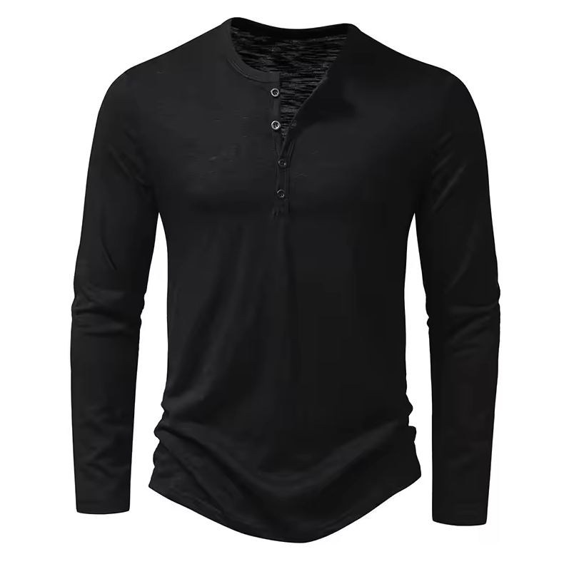 Long-sleeved shirt with round neckline and button placket