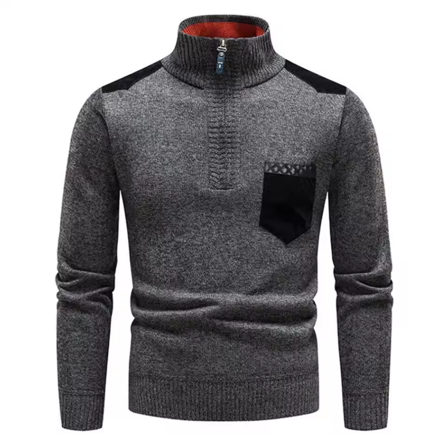 Knitted sweater with stand-up collar and chest pocket