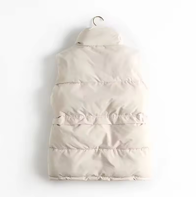 Padded quilted vest with detachable hood and button closure