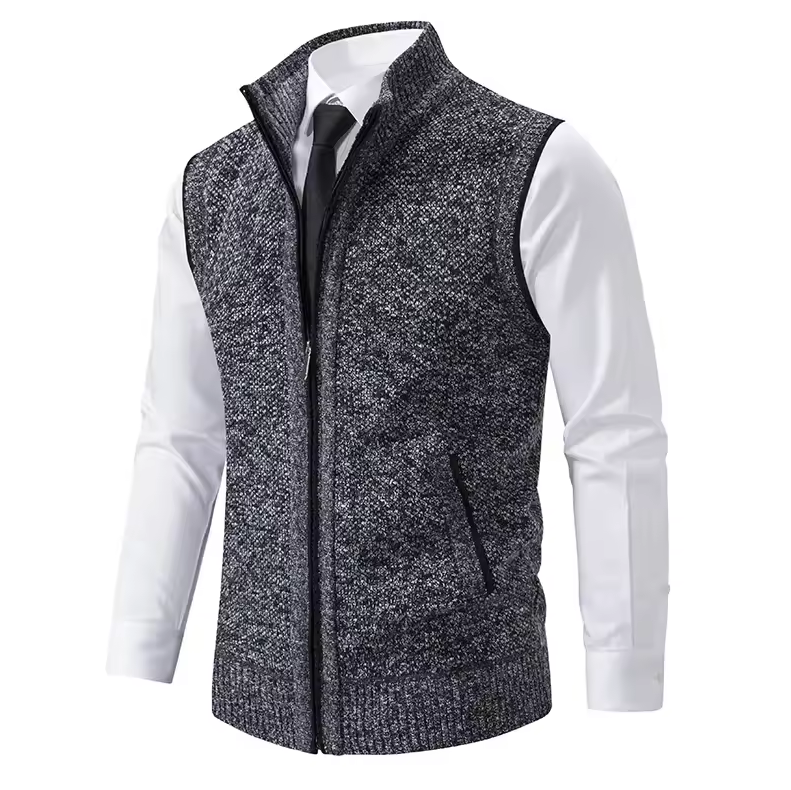 Zip-up vest with stand-up collar and textured design