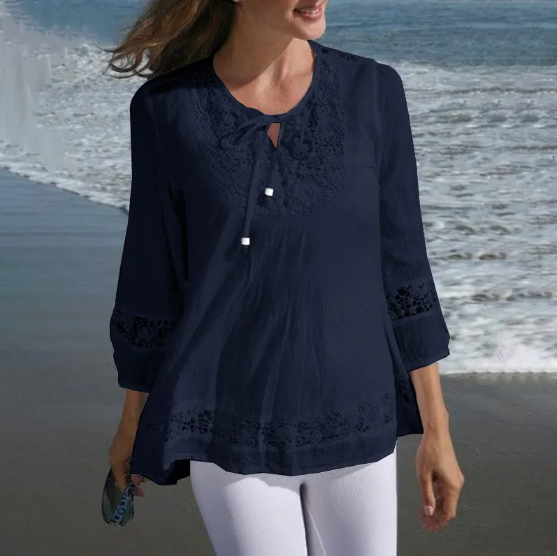 Women’s lace-trimmed button-up tunic blouse with 3/4 sleeves