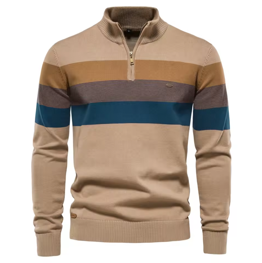 Knitted sweater with stand-up collar and stripe pattern