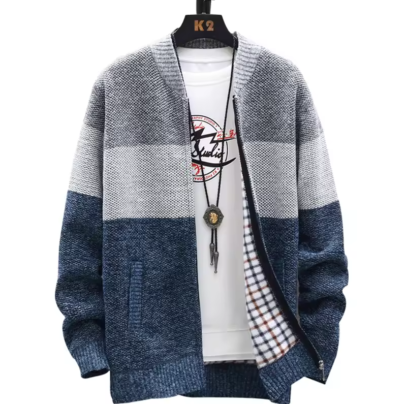Knitted zip-up cardigan with color block design