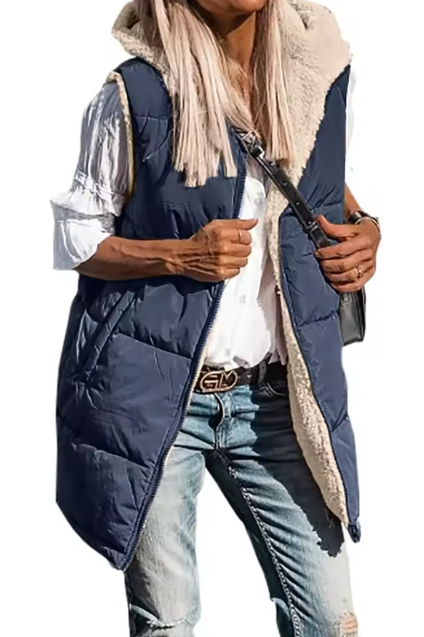 Long quilted vest with hood and button closure