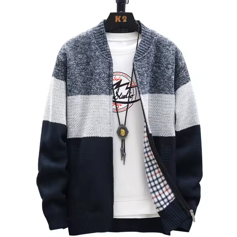 Knitted zip-up cardigan with color block design