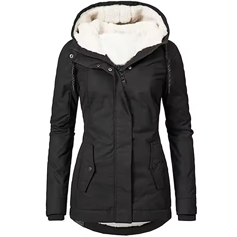 Fitted jacket with faux fur lining and detachable hood