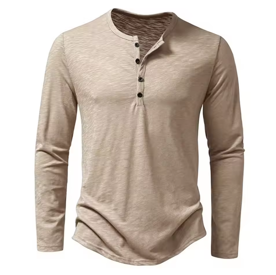 Long-sleeved shirt with round neckline and button placket