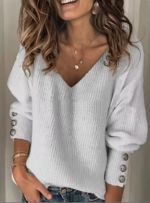 Women’s V-neck knit sweater with button-sleeve detail