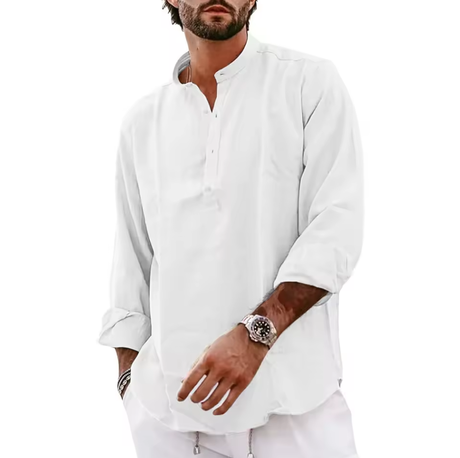 Long-sleeved shirt with band collar and partial button placket