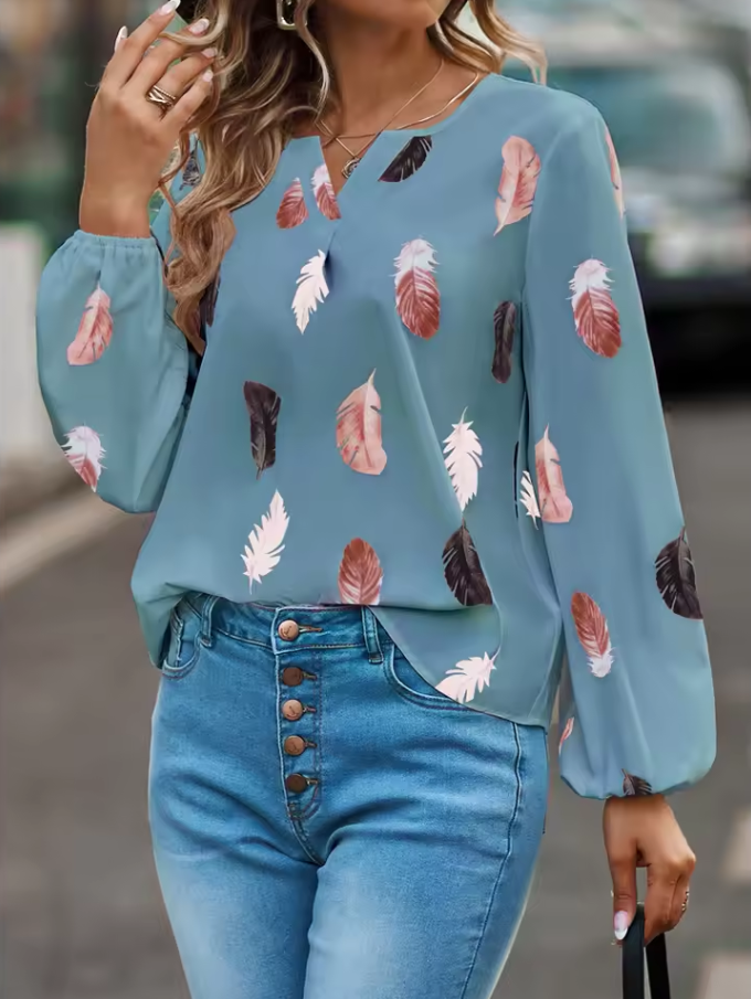 Long-sleeved blouse with V-neckline and feather print