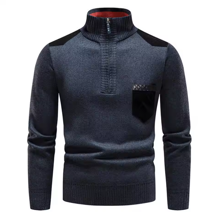 Knitted sweater with stand-up collar and chest pocket