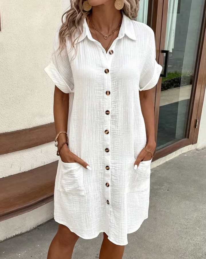 Long short-sleeved dress for women with button placket