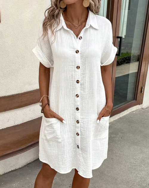 Long short-sleeved dress for women with button placket