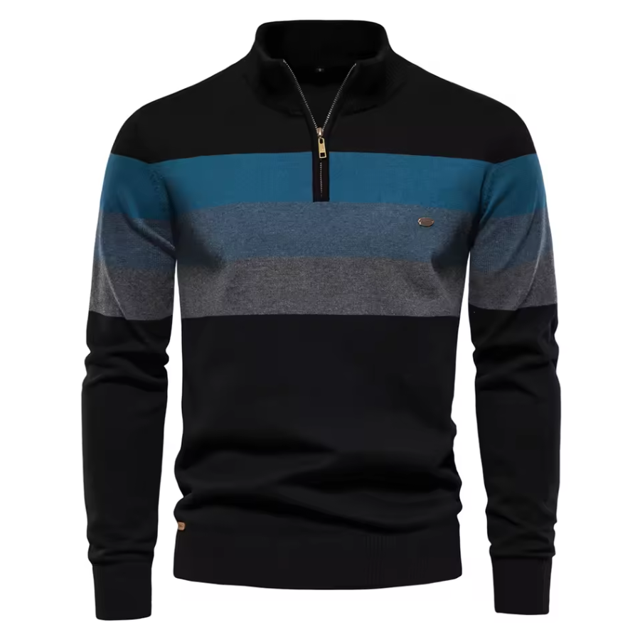 Knitted sweater with stand-up collar and stripe pattern