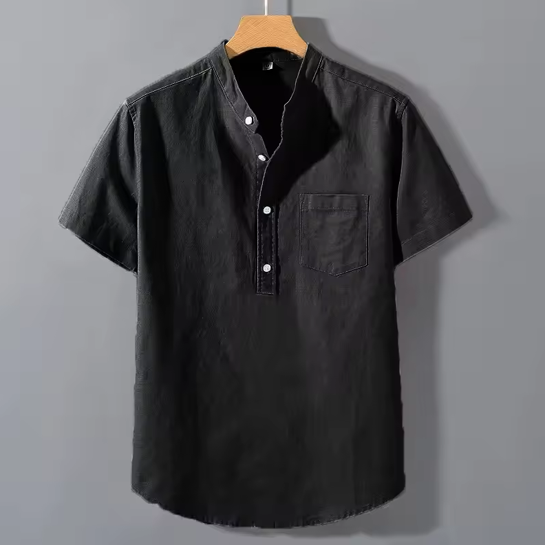 Short-sleeved shirt with band collar and chest pocket